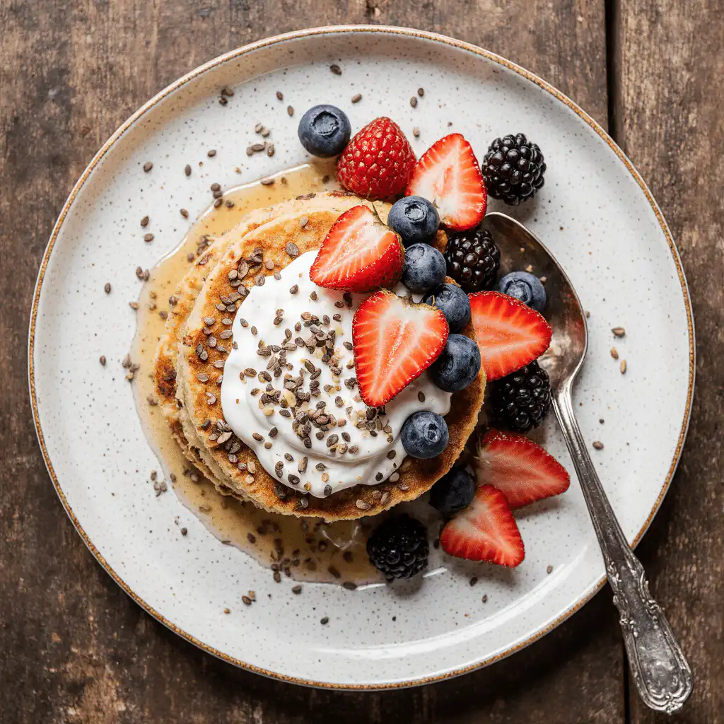 Banana protein pancakes topped with nut butter