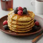 Fluffy stack of pancakes made without milk, topped with berries