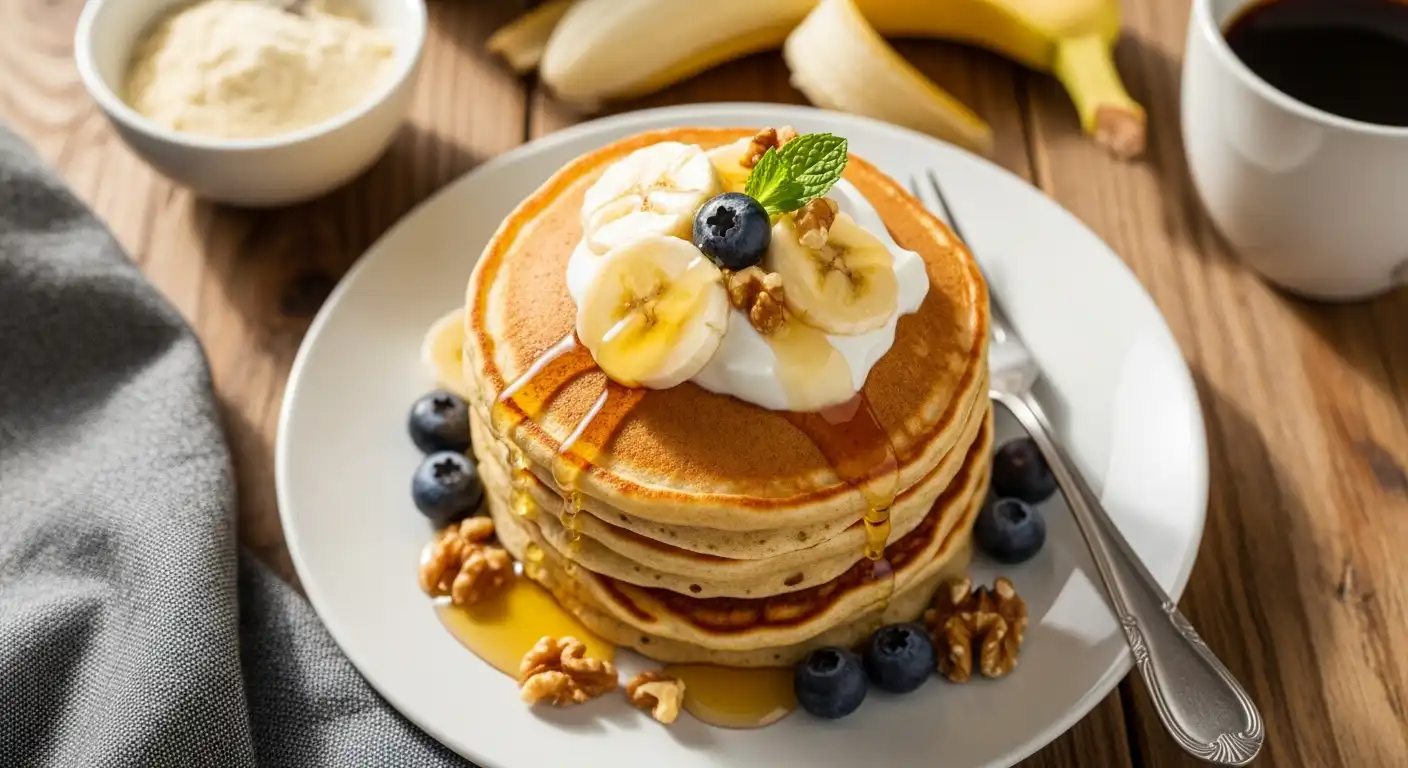 Protein pancakes with banana recipe stack