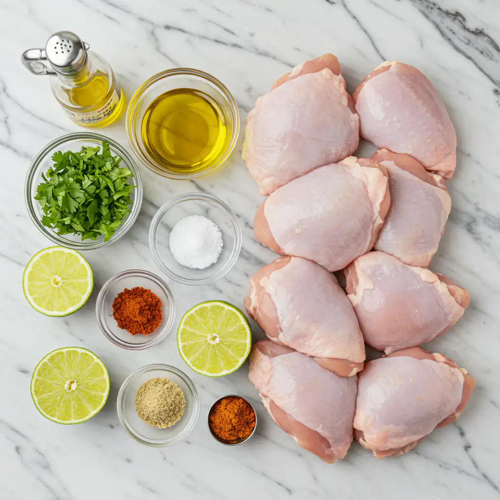 The Ultimate Juicy Baked Chicken For Tacos (No Skillet Needed!) 6 ingredients for baked chicken for tacos displayed on counter