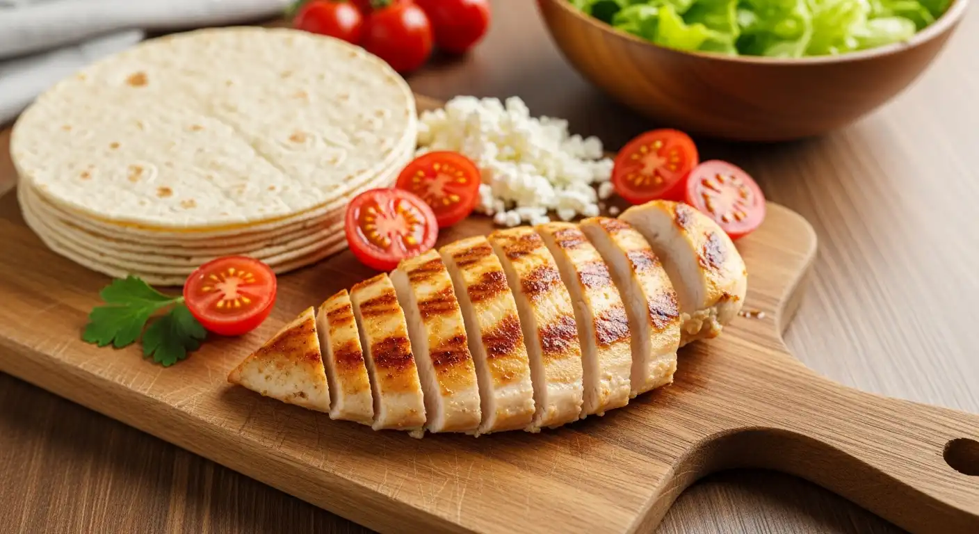 baked chicken for tacos on cutting board with toppings