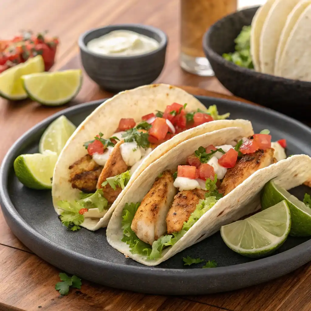 The Ultimate Juicy Baked Chicken For Tacos (No Skillet Needed!) 8 baked chicken for tacos served with toppings on a plate