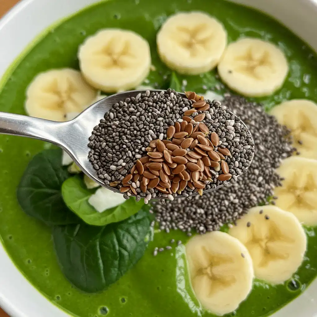 chia flaxseed added to banana spinach smoothie