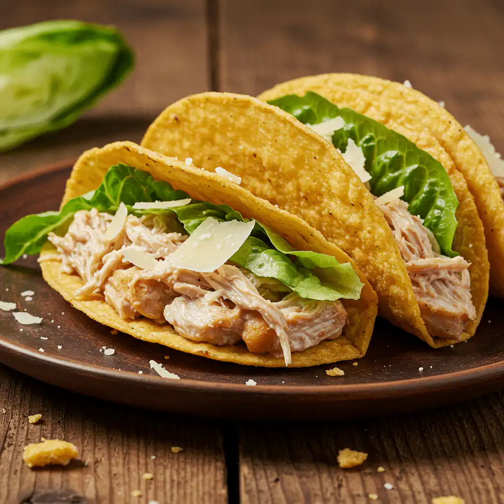 Chicken Caesar Smash Tacos served on a rustic plate
