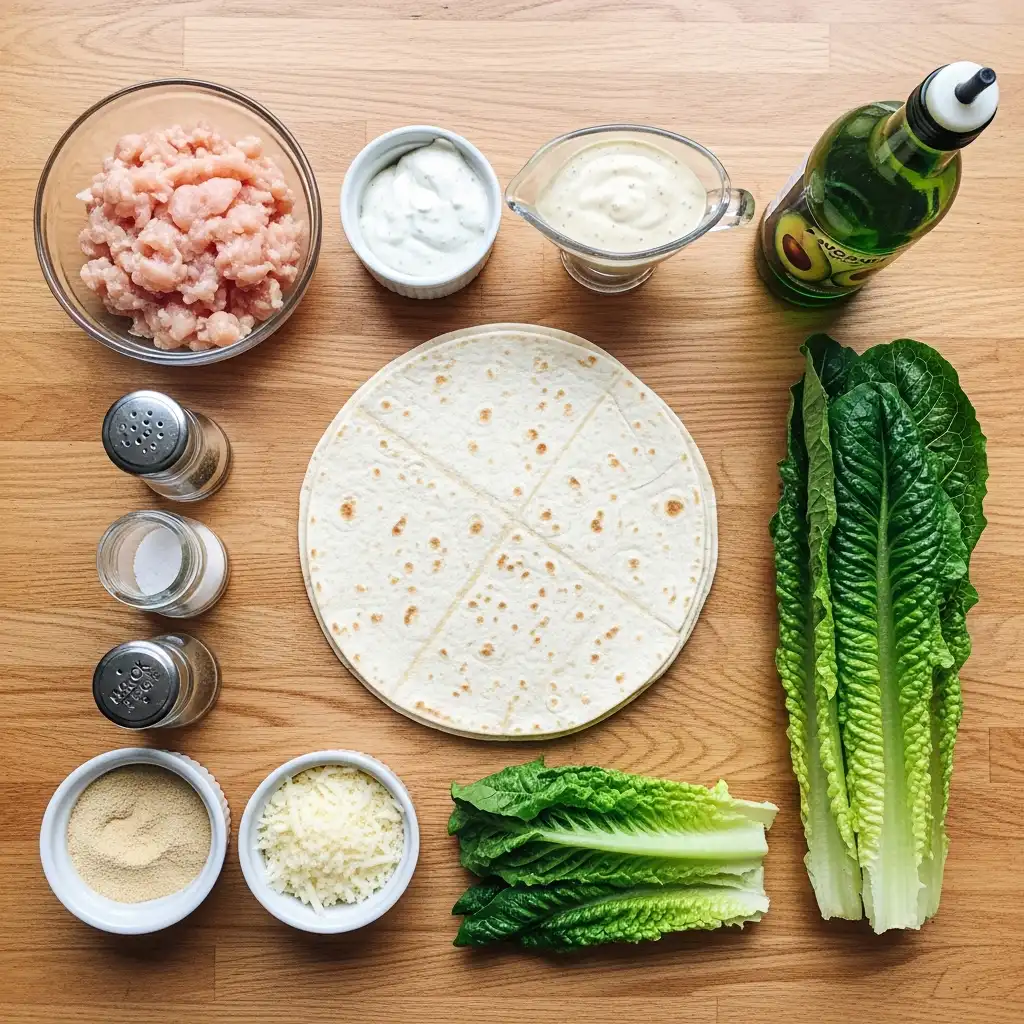 Ingredients for Chicken Caesar Smash Tacos on kitchen counter