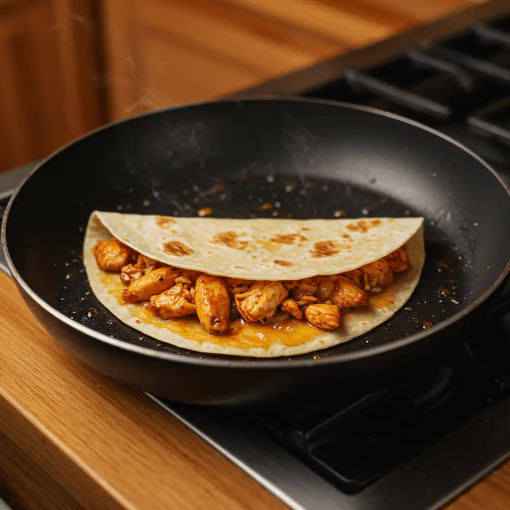Chicken smashed onto tortilla cooking in skillet