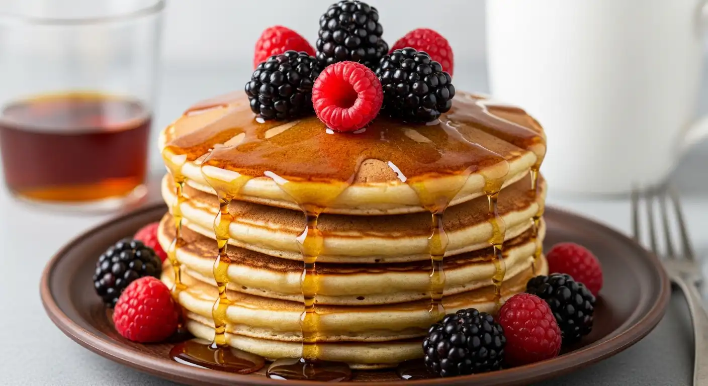 Fluffy stack of pancakes made without milk, topped with berries
