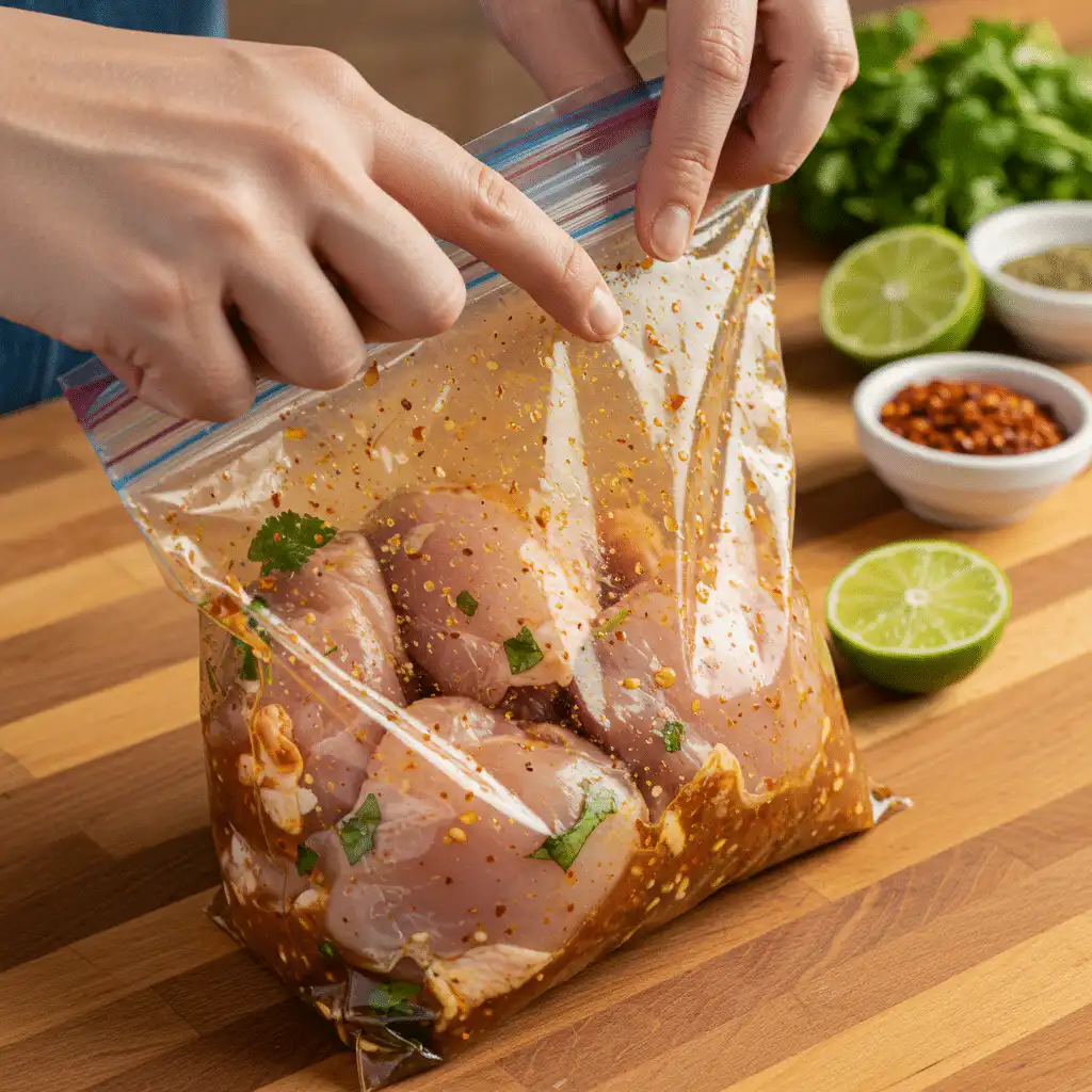 The Ultimate Juicy Baked Chicken For Tacos (No Skillet Needed!) 7 marinating chicken for tacos in a bag with lime and spices