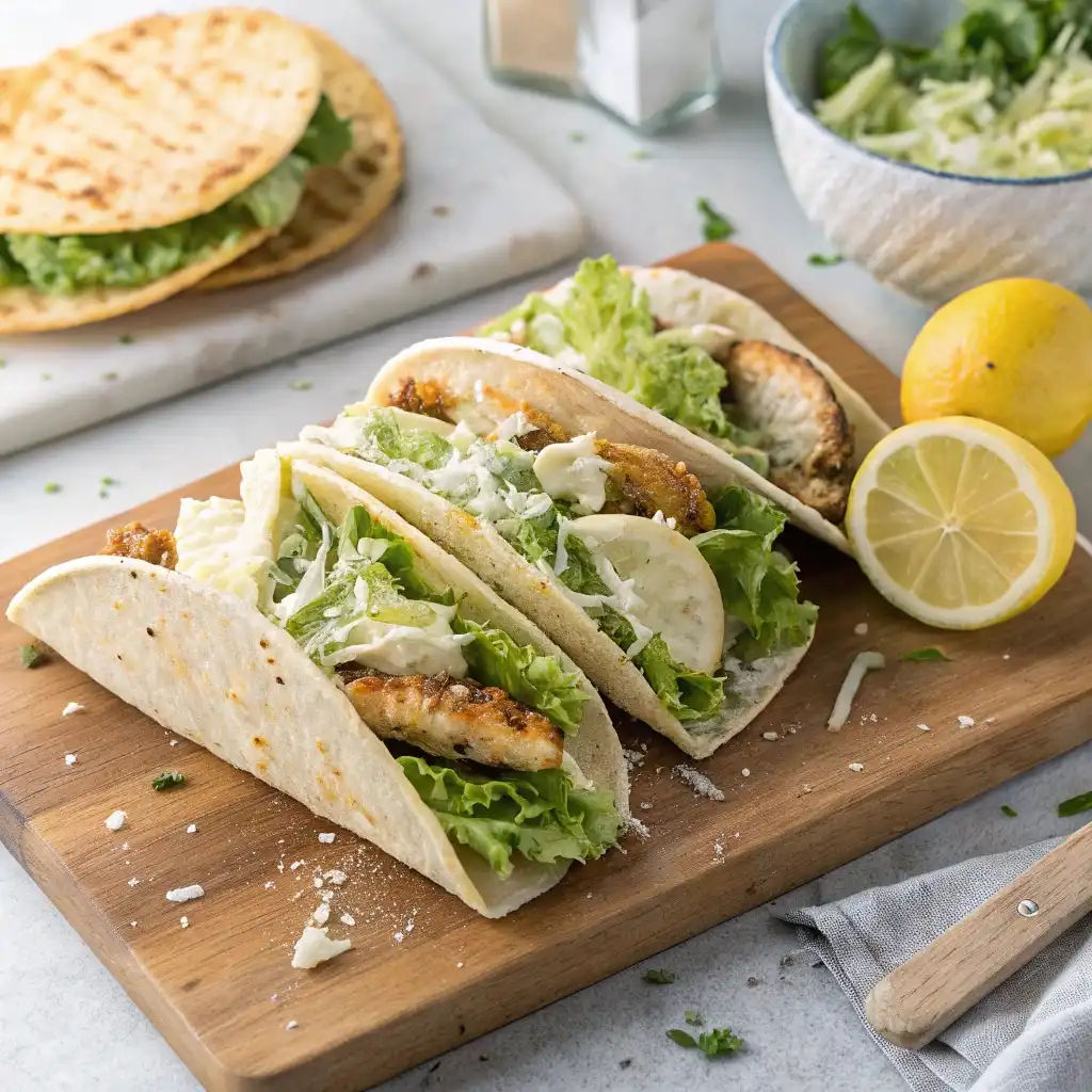 Served Chicken Caesar Smash Tacos with salad