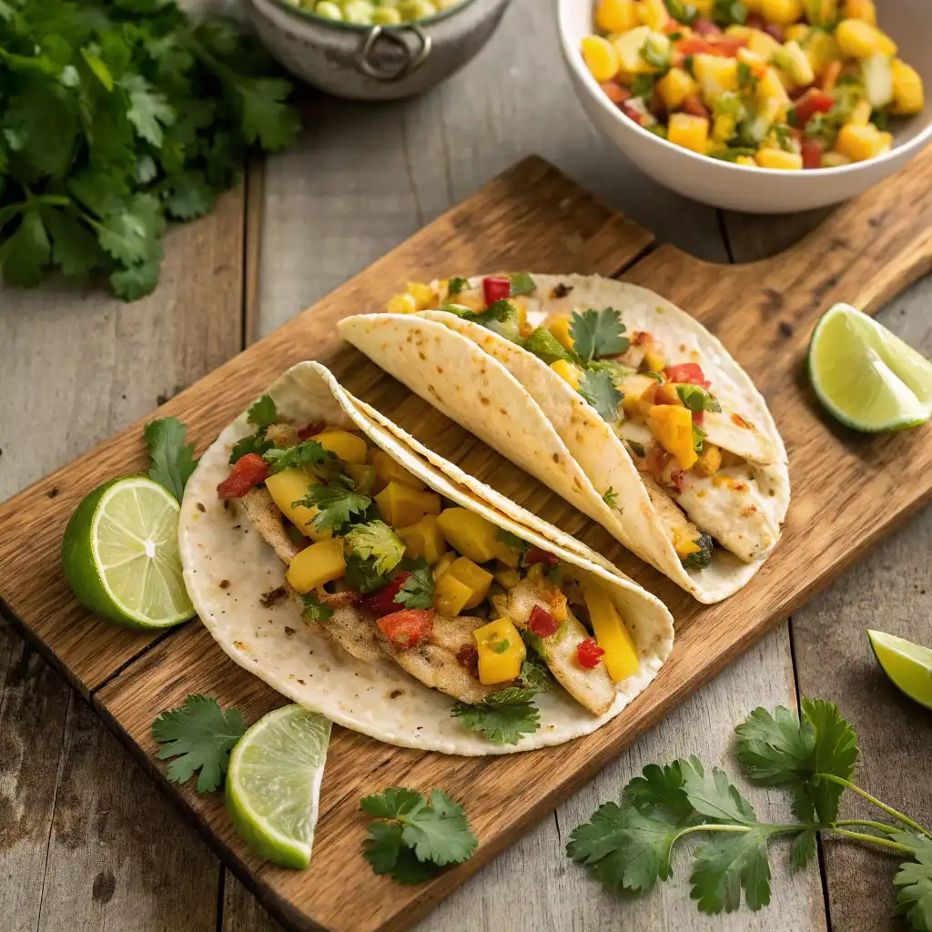 chicken tacos with mango salsa served with lime
