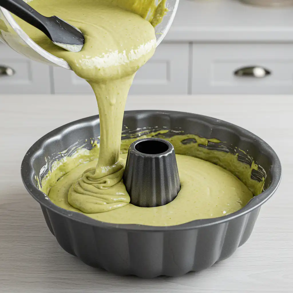 Pouring pistachio cake pudding batter into a bundt pan
