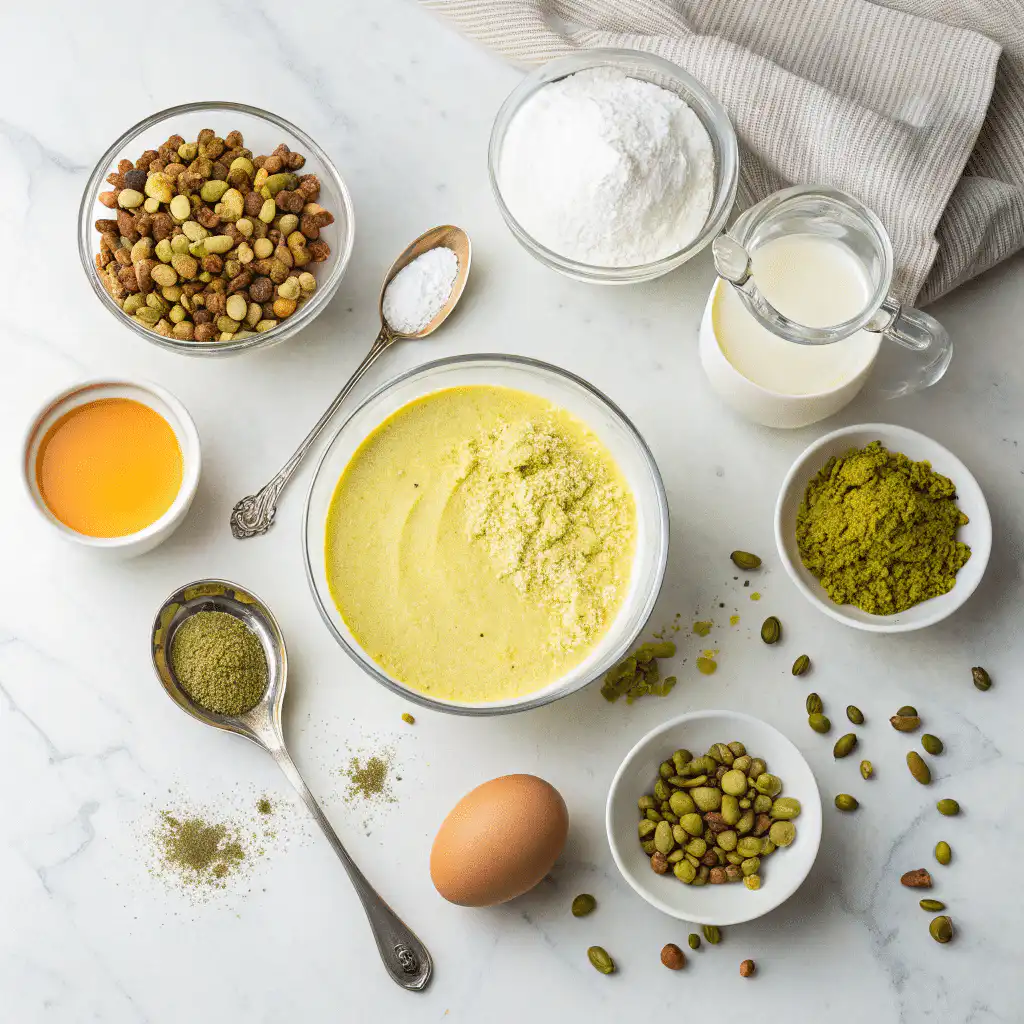 Ingredients for pistachio cake pudding laid out on a marble surface