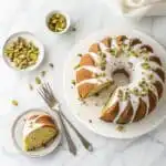 Pistachio cake pudding slices on a white platter with glaze