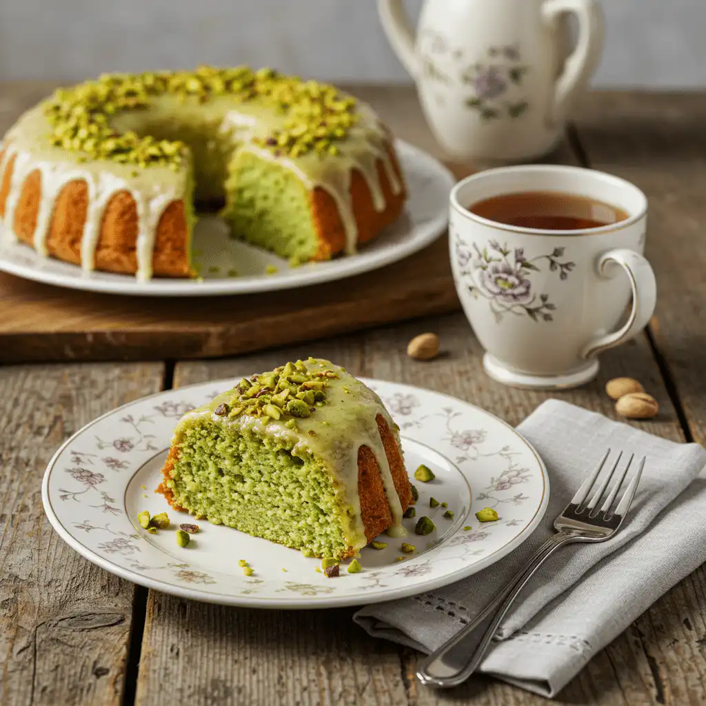 Slice of pistachio cake pudding served with glaze and nuts
