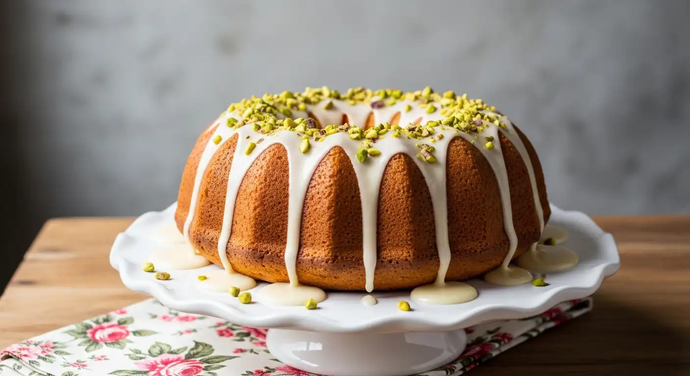 Pistachio cake pudding glazed and topped with chopped pistachios