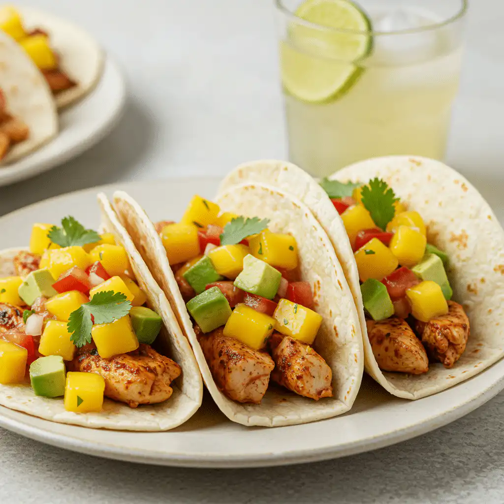 plated chicken tacos with mango salsa