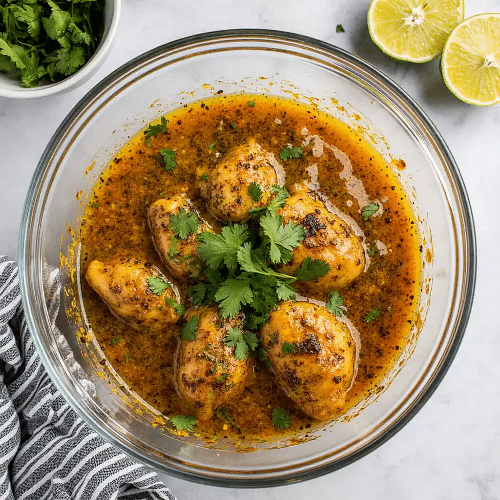 Chicken marinating for tacos in lime and spice blend