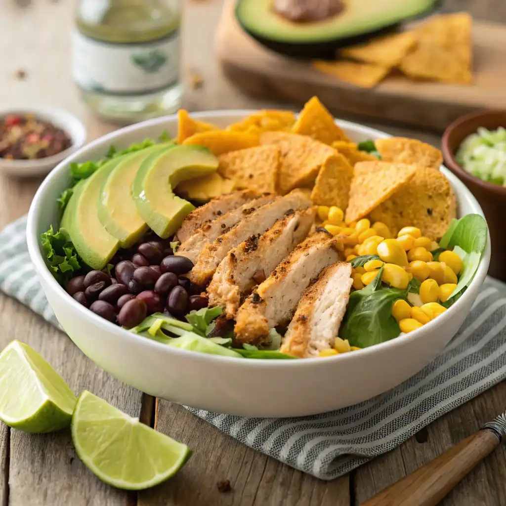 Taco salad with seasoned chicken and fresh toppings