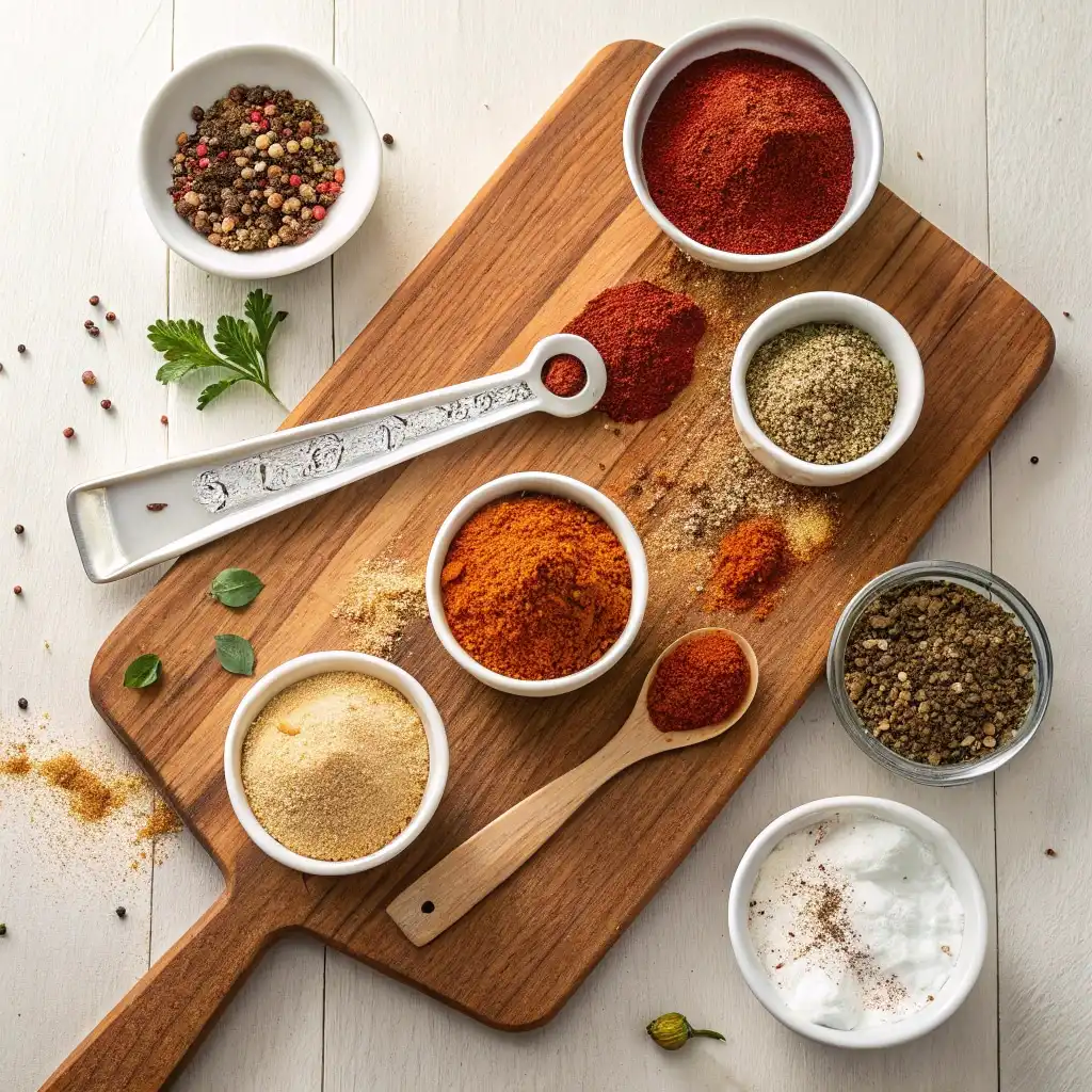 Homemade chicken taco seasoning spices on a wooden board