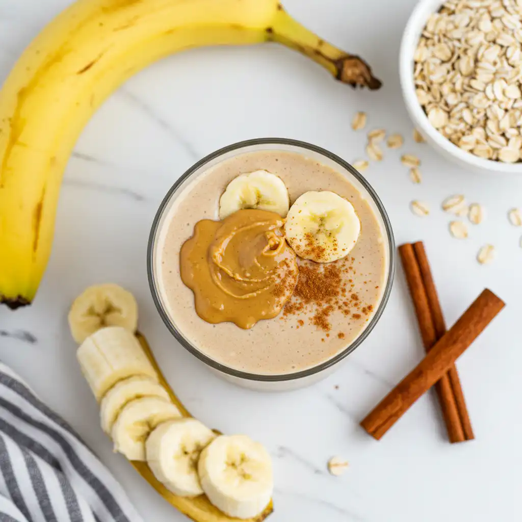 Smoothies That Keep You Satisfied (Quick & Nutritious) 5 Banana Peanut Butter Smoothie in a tall glass with cinnamon, next to an unlabeled peanut-butter container