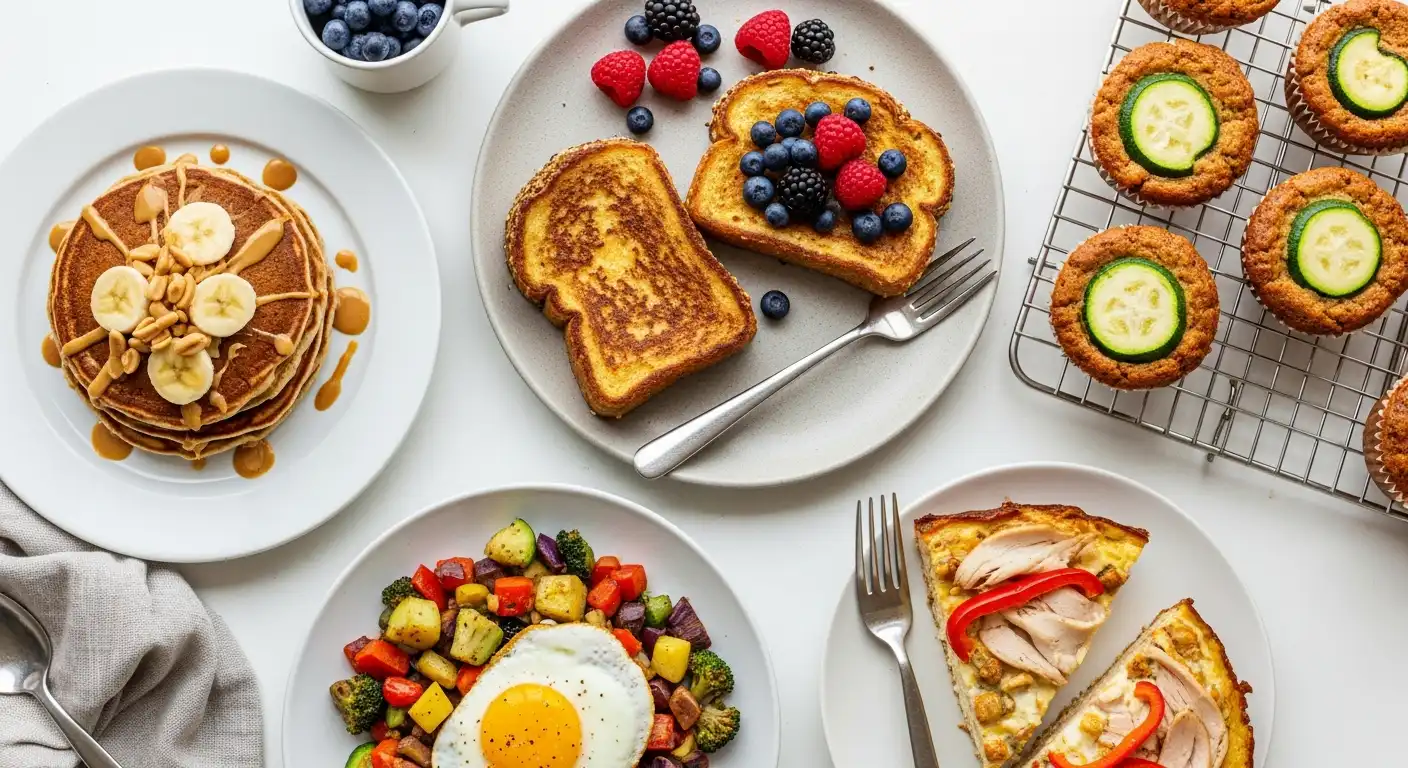 Clean and Cozy Comfort Breakfasts hero image with pancakes, French toast, hash, muffins, and casserole