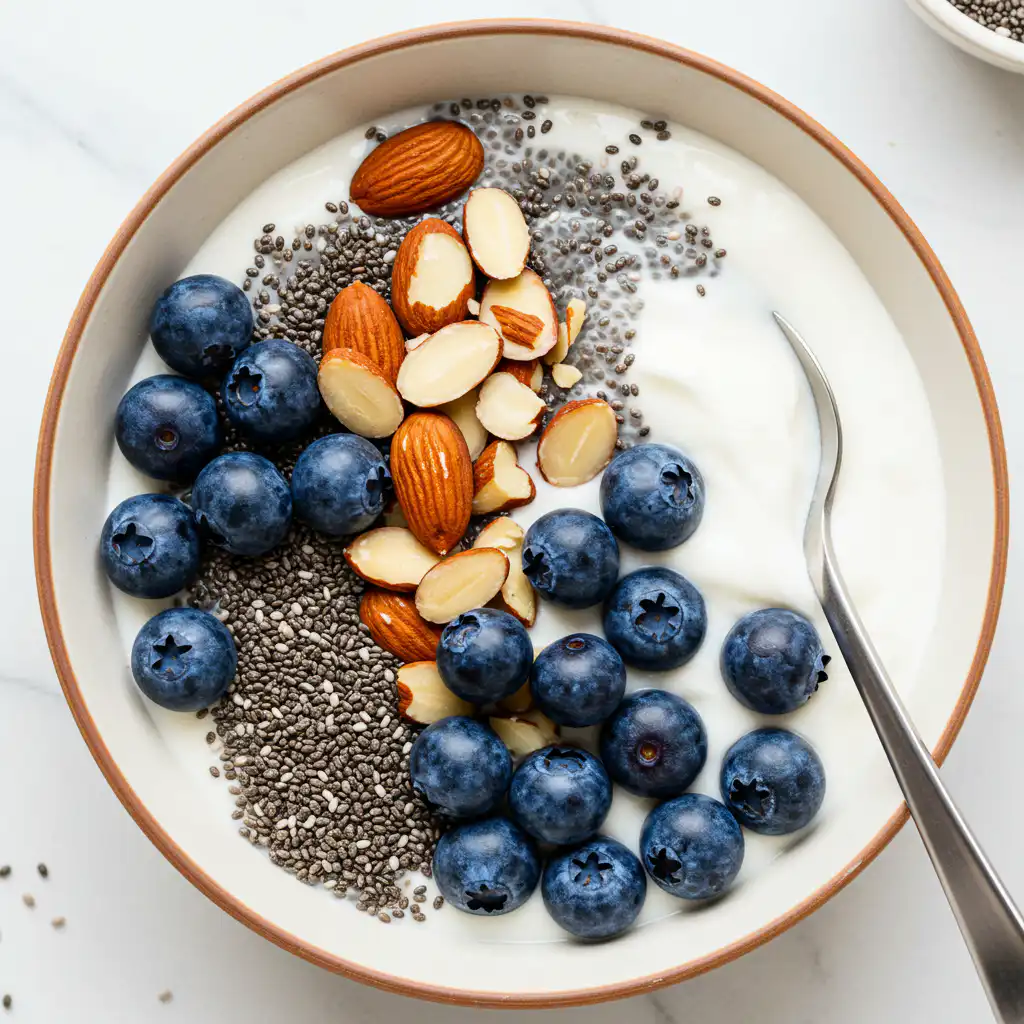 High Protein Bowls and Bakes: The Ultimate Healthy Breakfast 4 Greek yogurt bowl topped with chia seeds, almonds, and fresh blueberries on a white background.