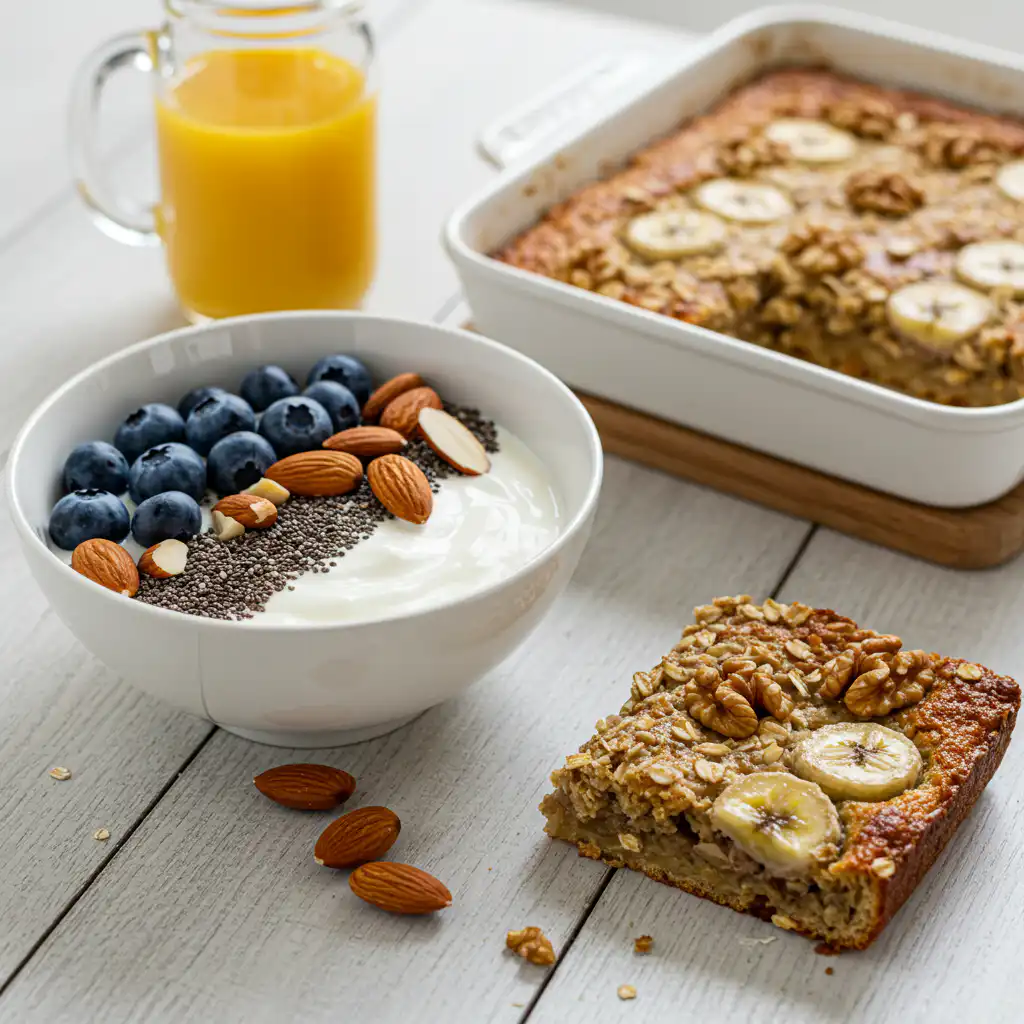 High Protein Bowls and Bakes with Greek yogurt, chia seeds, blueberries, and banana walnut baked oatmeal on a rustic table.