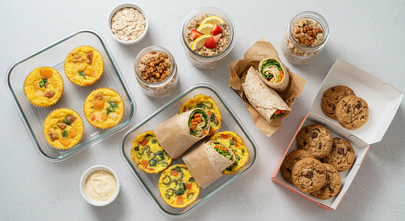 Meal Prep Breakfasts hero image with egg muffins, overnight oats, wraps, mini frittatas, and cookies