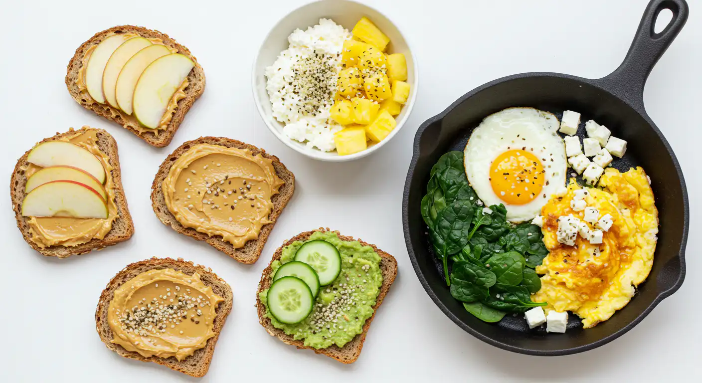Quick Morning Wins hero image with toast, eggs, hummus toast, and cottage cheese