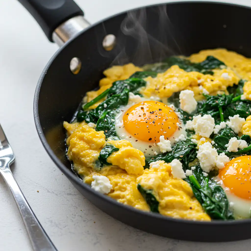 Spinach and feta scrambled eggs for a Quick Morning Wins breakfast