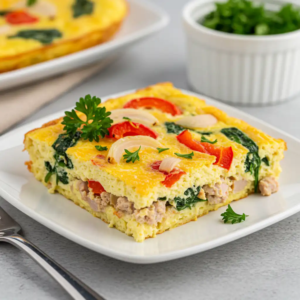 Breakfast casserole with lean turkey and roasted peppers