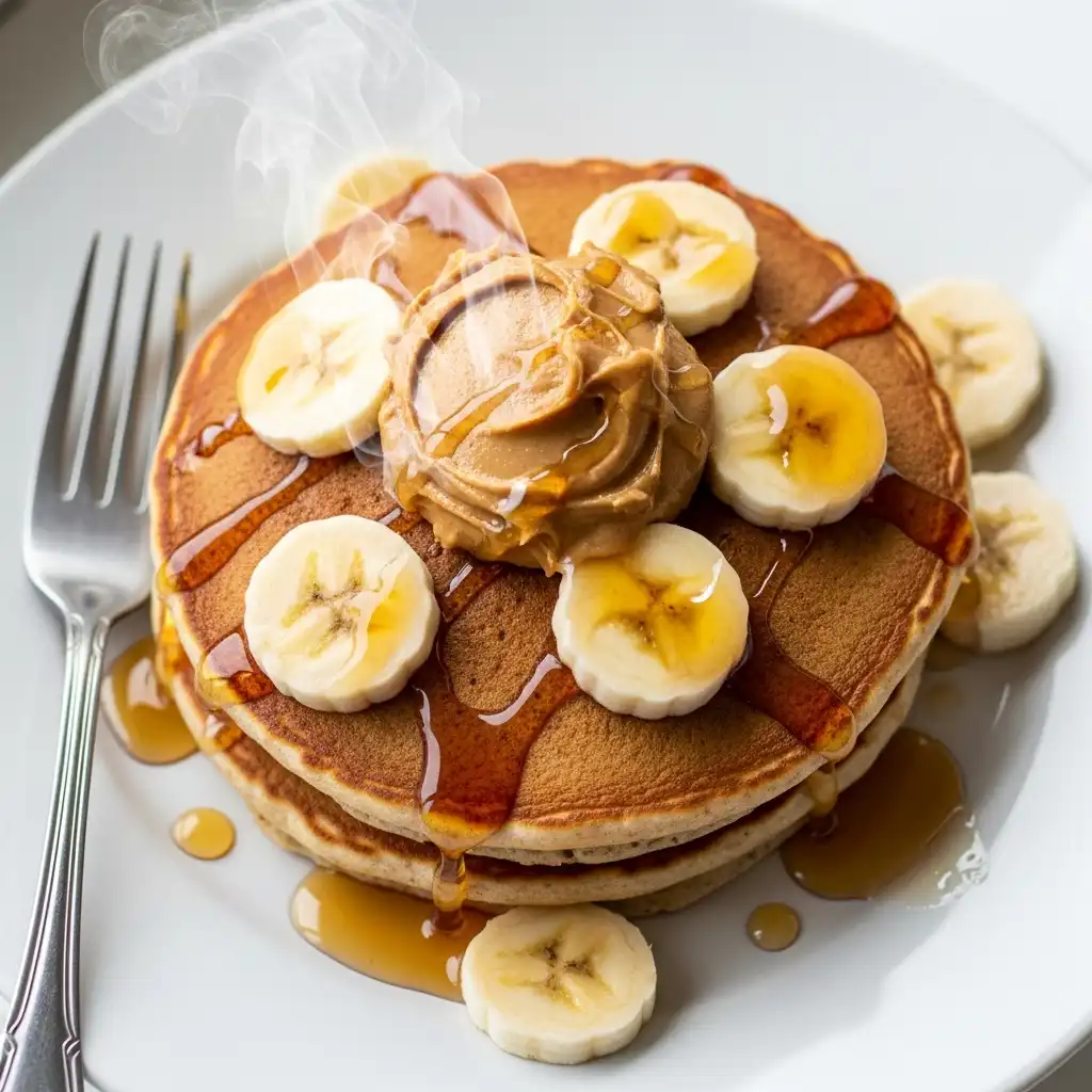 Whole wheat pancakes with natural peanut butter and banana