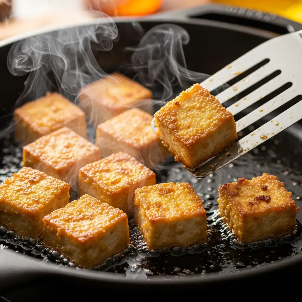 Cooking crispy tofu for tofu noodle stir fry