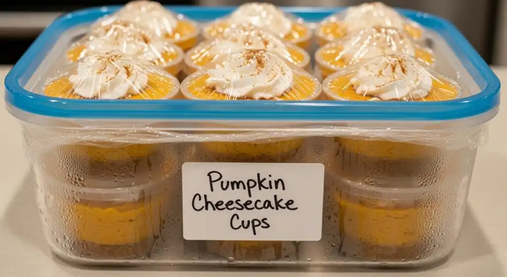 No Bake Pumpkin Cheesecake Cups (Quick, Creamy, and Crowd-Pleasing) 8 Pumpkin cheesecake cups stored in freezer container