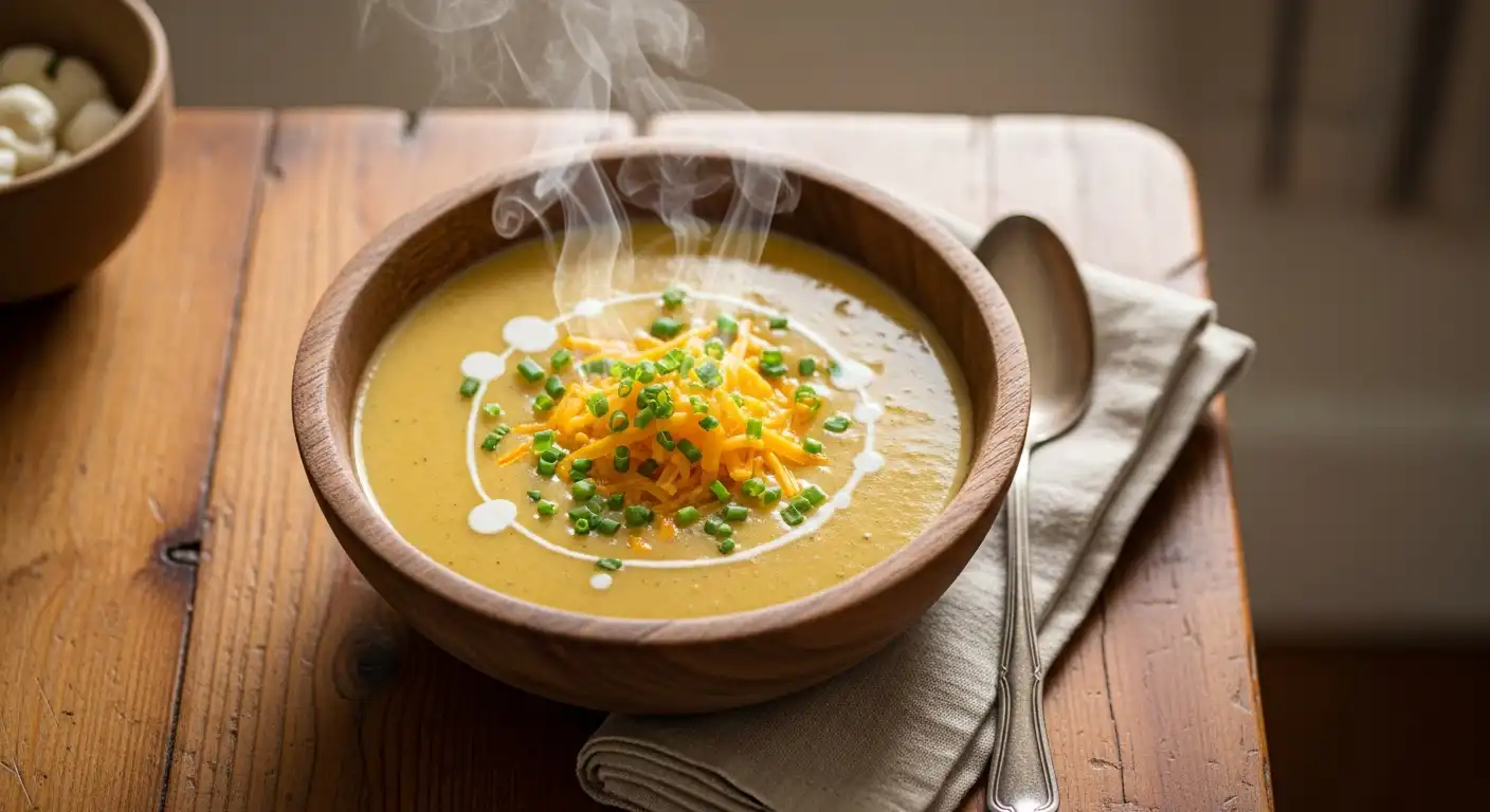 Garlic herb potato soup in a rustic bowl with herbs and cheddar