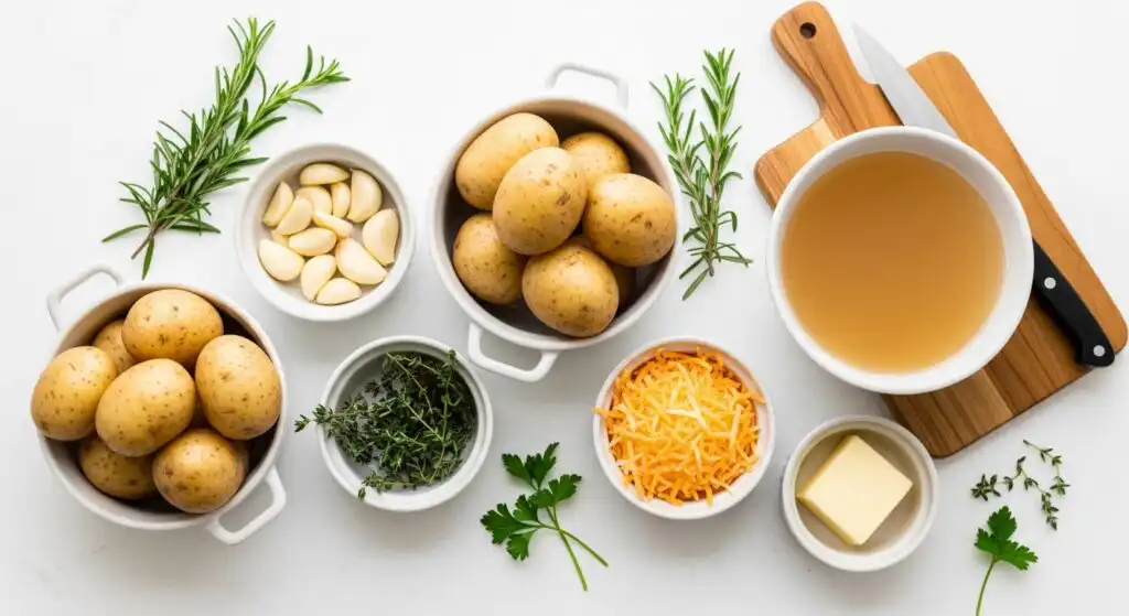Ingredients for garlic herb potato soup arranged neatly