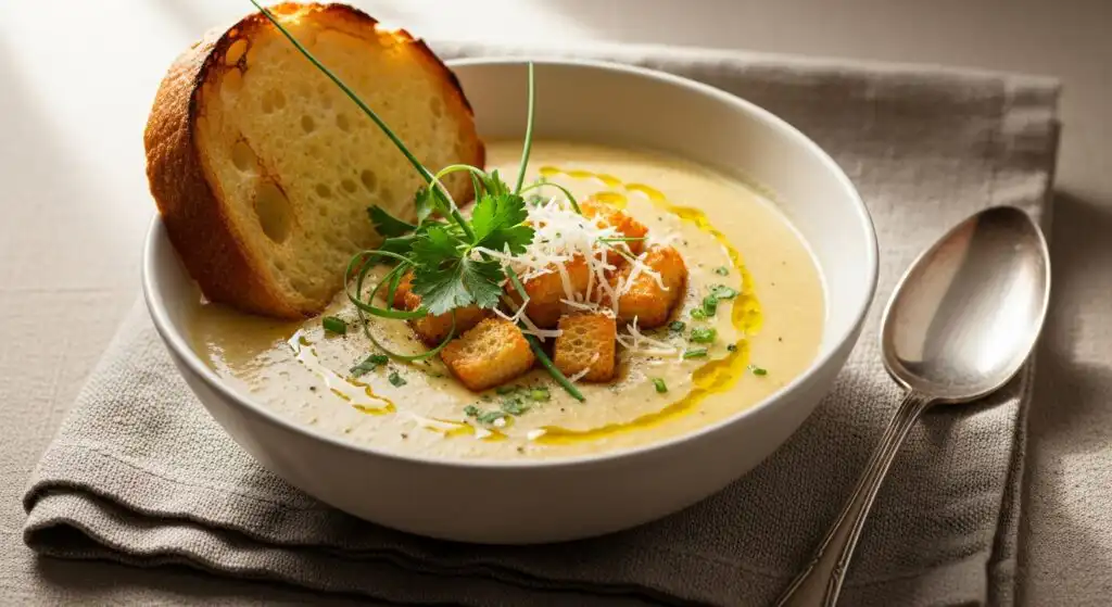 Creamy garlic herb potato soup served with toppings