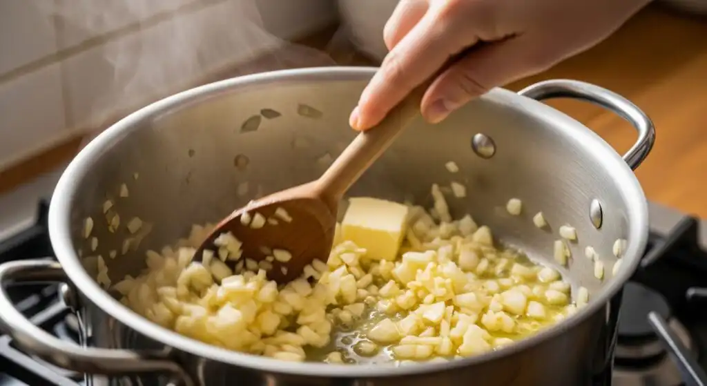 Garlic and onion sautéing in butter for soup base