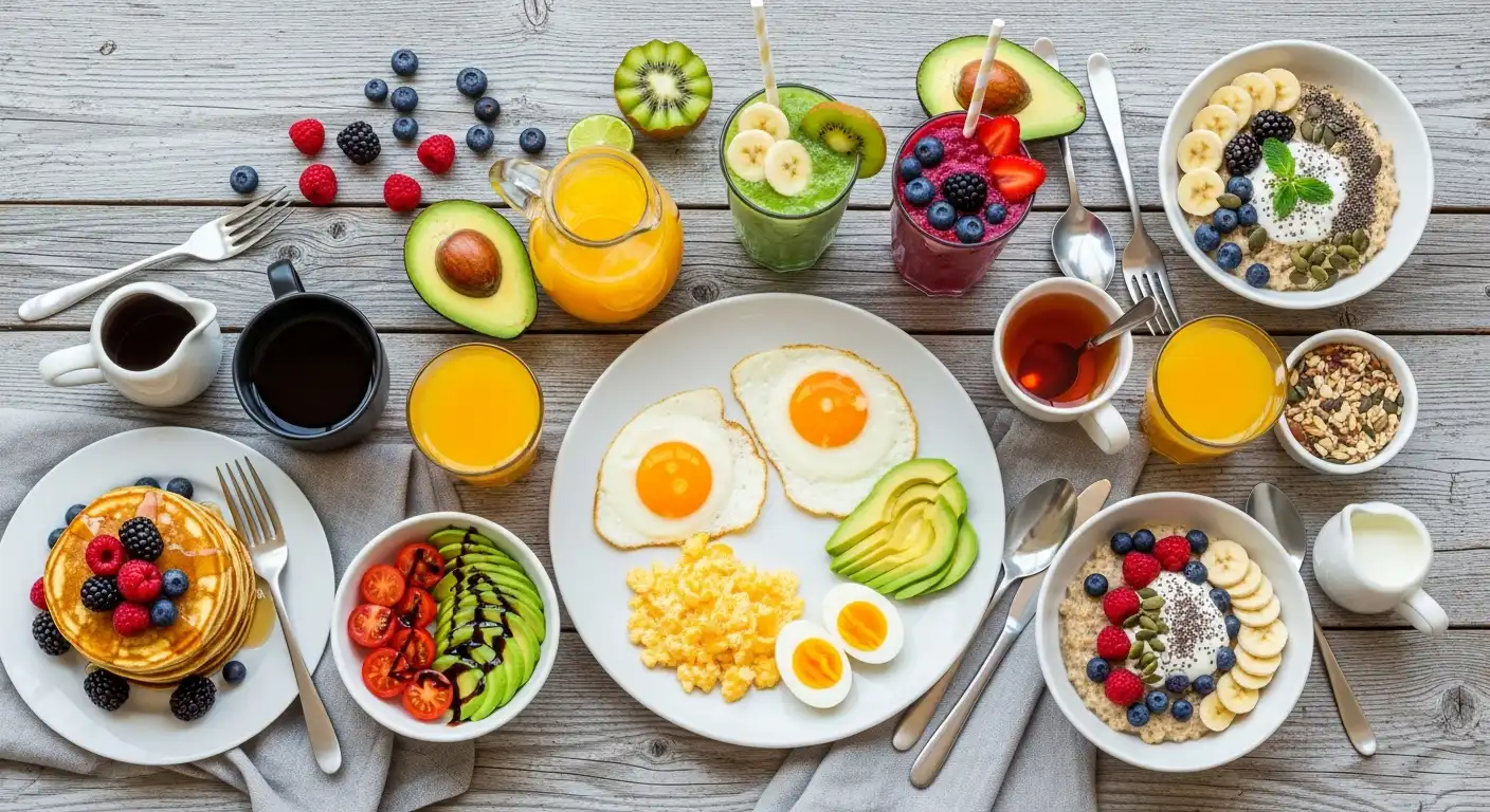 healthy breakfast recipes spread with pancakes, smoothies, and oatmeal Filename: healthy-breakfast-recipes-featured