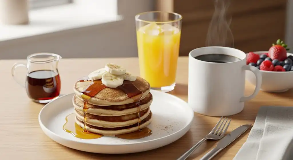 serving healthy breakfast recipes with pancakes and coffee