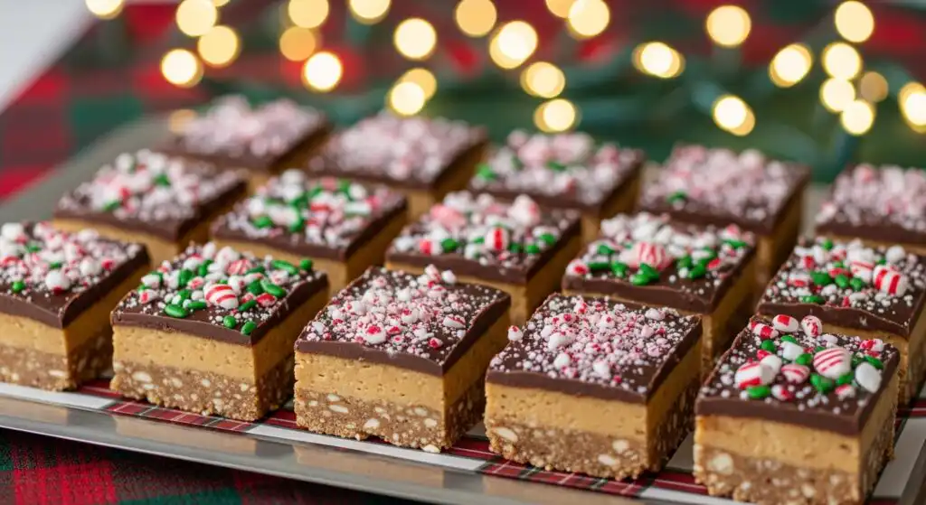 No-Bake Chocolate Peanut Butter Bars: Best of the Best 9 Holiday no-bake chocolate peanut butter bars with crushed peppermint