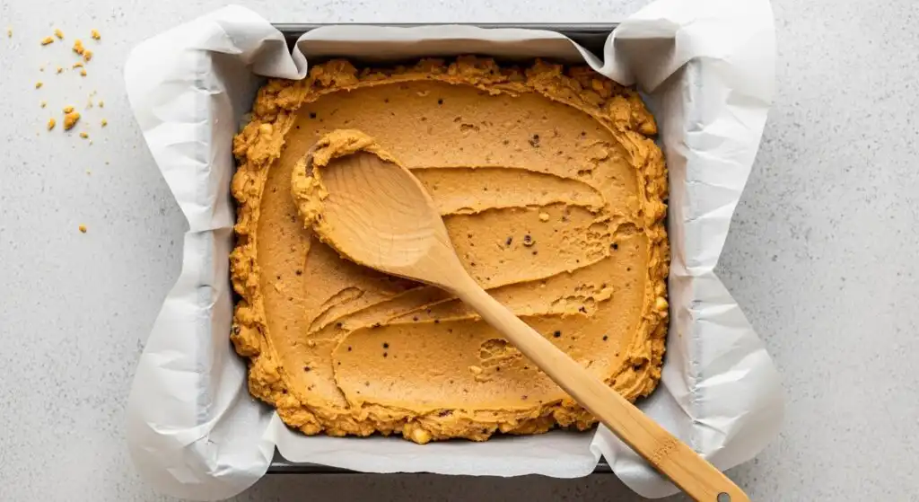No-Bake Chocolate Peanut Butter Bars: Best of the Best 7 Peanut butter mixture pressed into pan for no-bake chocolate peanut butter bars