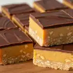 No-bake chocolate peanut butter bars with glossy chocolate topping