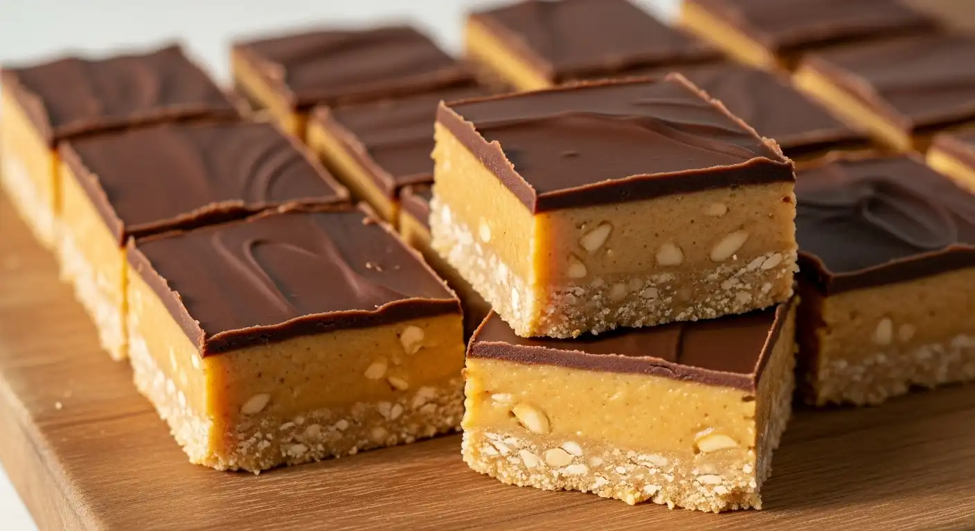 No-bake chocolate peanut butter bars with glossy chocolate topping