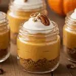 Close-up of No Bake Pumpkin Cheesecake Cups in glass jars