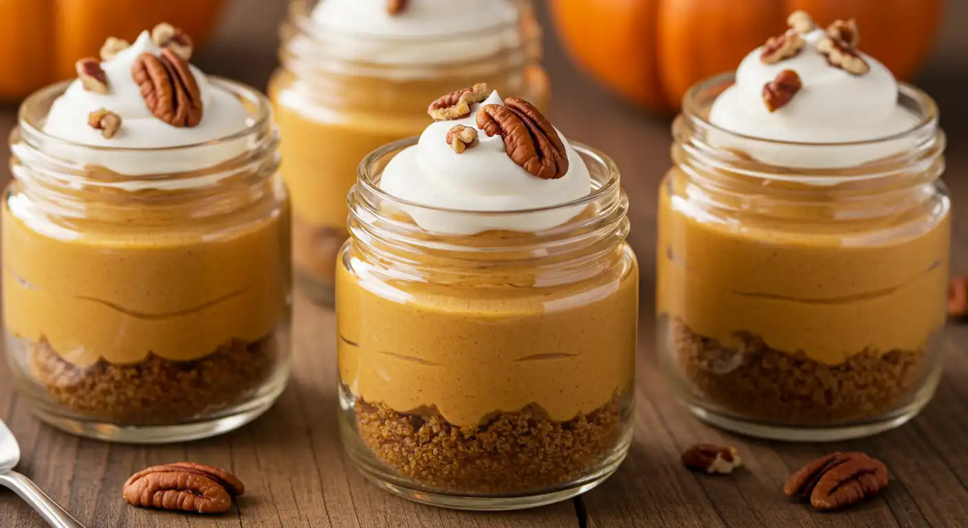 Close-up of No Bake Pumpkin Cheesecake Cups in glass jars