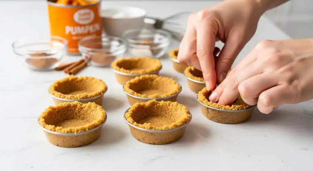 No Bake Pumpkin Cheesecake Cups (Quick, Creamy, and Crowd-Pleasing) 7 Graham cracker crust being pressed into cups