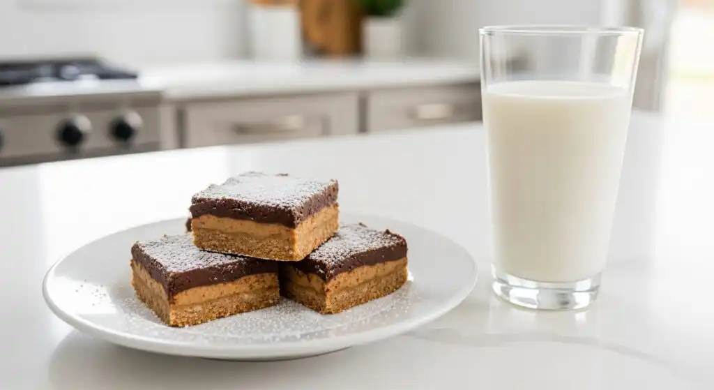 No-Bake Chocolate Peanut Butter Bars: Best of the Best 8 No-bake chocolate peanut butter bars served on a plate with milk
