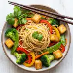 Tofu noodle stir fry recipe card image