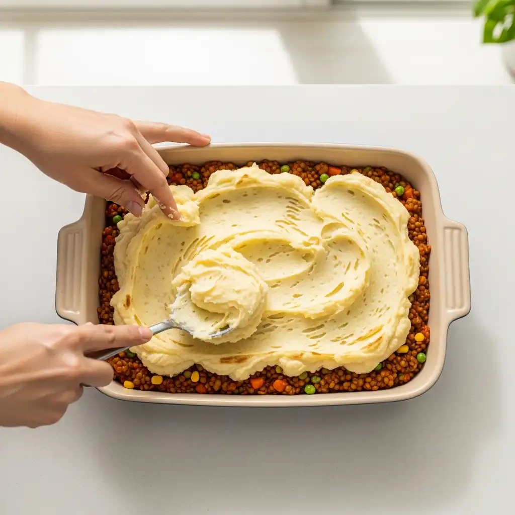 Vegan Lentil Shepherd’s Pie That’s Simple, Savory, and Irresistibly Satisfying 6 Assembling vegan lentil shepherd’s pie with mashed potatoes